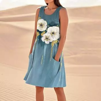 Летние платья для женщин, свободные пляжные повседневные сарафаны без рукавов с карманами, платье-майка L синий