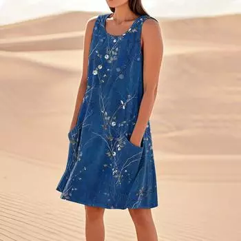 Летние платья для женщин, свободные пляжные повседневные сарафаны без рукавов с карманами, платье-майка L синий