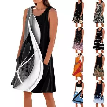 Летние платья для женщин, свободные пляжные повседневные сарафаны без рукавов с карманами, платье-майка L синий