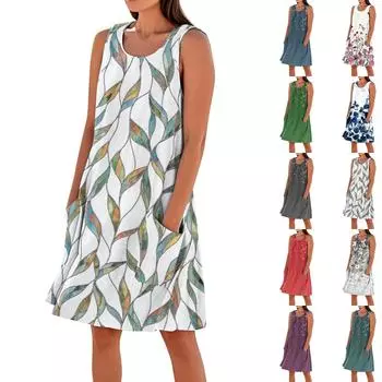 Летние платья для женщин, свободные пляжные повседневные сарафаны без рукавов с карманами, платье-майка S