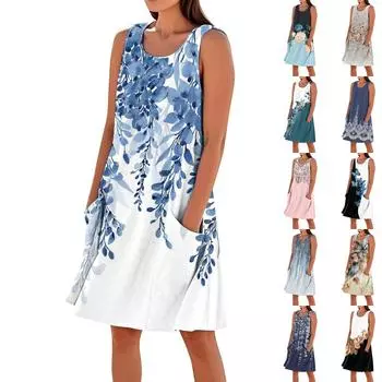 Летние платья для женщин, свободные пляжные повседневные сарафаны без рукавов с карманами, платье-майка S тёмно-синий