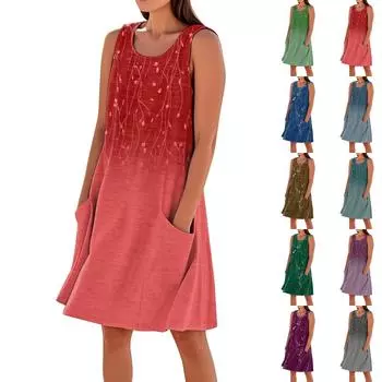 Летние платья для женщин, свободные пляжные повседневные сарафаны без рукавов с карманами, платье-майка XXXL красный