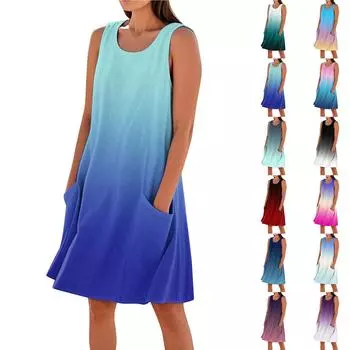 Летние платья для женщин, свободные пляжные повседневные сарафаны без рукавов с карманами, платье-майка XXXL розовый
