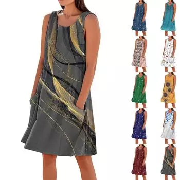 Летние платья для женщин, свободные пляжные повседневные сарафаны без рукавов с карманами, платье-майка XXXL бежевый