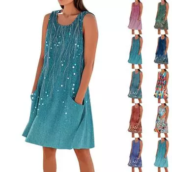 Летние платья для женщин, свободные пляжные повседневные сарафаны без рукавов с карманами, платье-майка XXL зелёный