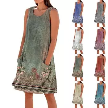 Летние платья для женщин, свободные пляжные повседневные сарафаны без рукавов с карманами, платье-майка M красный