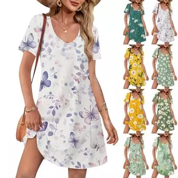 Летние платья для женщин, свободные повседневные платья с V-образным вырезом и коротким рукавом, сарафаны, купальники, накидки с карманами XXL жёлтый