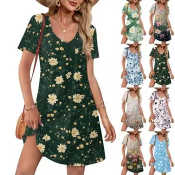 Летние платья для женщин, свободные повседневные платья с V-образным вырезом и коротким рукавом, сарафаны, купальники, накидки с карманами S