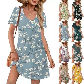 Летние платья для женщин, свободные повседневные платья с V-образным вырезом и коротким рукавом, сарафаны, купальники, накидки с карманами XL