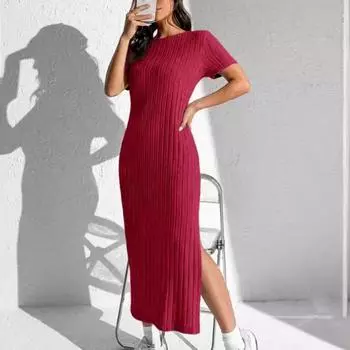Летние платья макси для женщин, тонкое универсальное эластичное трикотажное облегающее платье с короткими рукавами и разрезом, длинная юбка с круглым вырезом и бедрами XL