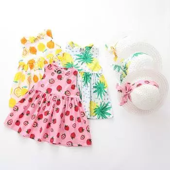 Летние платья принцессы с фруктами для маленьких девочек, комплект повседневных нарядов со шляпой 80/6/S розовый