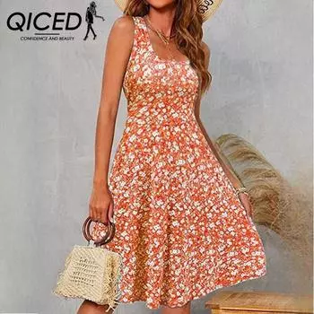 Летние платья-пуловеры без рукавов QICED с U-образным вырезом и принтом миди S синий