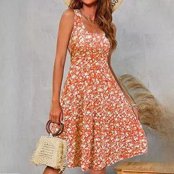 Летние платья-пуловеры без рукавов с U-образным вырезом и принтом миди S синий