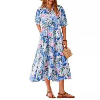 Летние платья с цветочным принтом, женское длинное платье с коротким рукавом на пуговицах и воротником с лацканами, плиссированная одежда с карманами M красный