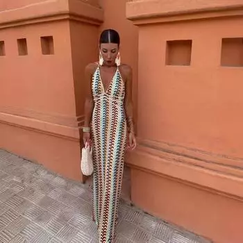Летние платья с глубоким v-образным вырезом для женщин, сексуальное платье с высокой талией, без рукавов, с открытой спиной, с лямкой на шее, Vestidos, новинка 2024 года, элегантное женское платье для выпускного вечера S