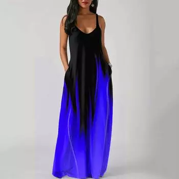 Летние платья с градиентным принтом для женщин, с круглым вырезом и принтом, без рукавов, с широкими бретелями, с перекрестными бретелями, макси-платья для женщин, большие размеры XXXXXL