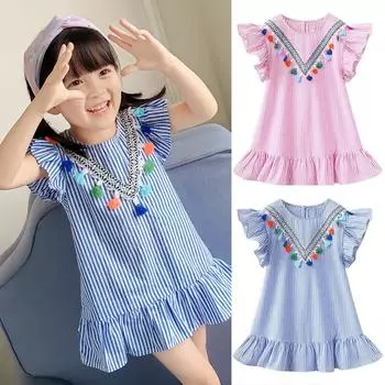 Летние платья с кисточками и летящими рукавами для девочек, милые детские праздничные платья в полоску для детей, платье принцессы для девочек, топы, одежда 1-2 Years розовый