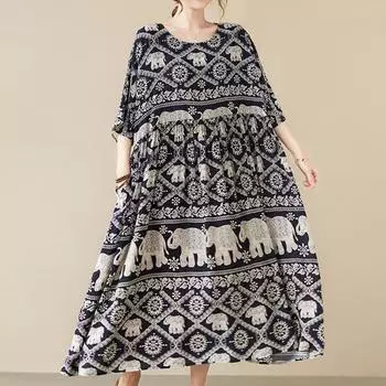 Летние платья с круглым вырезом большого размера с принтом слонов, хлопковое шелковое женское свободное платье с коротким рукавом больших размеров, длинное платье One Size