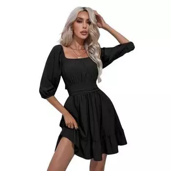 Летние платья с квадратным вырезом для женщин, завязывающиеся сзади рукава-фонарики, струящееся пляжное платье-трапеция, мини-сарафан S чёрный