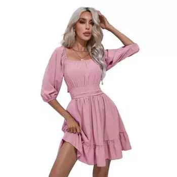 Летние платья с квадратным вырезом для женщин, завязывающиеся сзади рукава-фонарики, струящееся пляжное платье-трапеция, мини-сарафан S