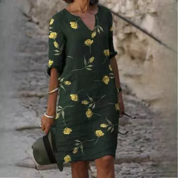 Летние платья с принтом из бамбукового волокна, свободного льна, с цветочным принтом и короткими рукавами, женские винтажные литературные платья с круглым вырезом и пятью рукавами S разноцветный