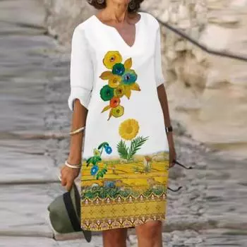 Летние платья с принтом из бамбукового волокна, свободного льна, с цветочным принтом и короткими рукавами, женские винтажные литературные платья с круглым вырезом и рукавами Five Points S