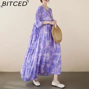Летние платья Струящиеся пляжные платья в деревенском стиле Платья-футляры с короткими рукавами One Size фиолетовый