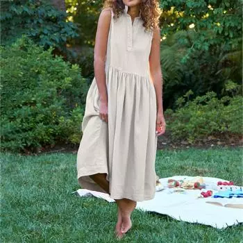 Летние платья Свободные сарафаны без рукавов с V-образным вырезом Купальник с карманами L хаки