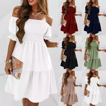 Летние платья Женские платья больших размеров Женские платья миди с открытыми плечами и рукавами-фонариками Платья Vestidos XS