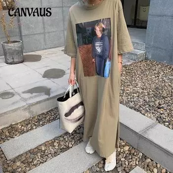 Летние платья женские принтованные длинные до колена плюс размер короткий рукав футболка платье M