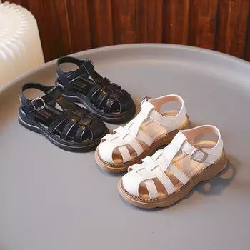 Летние плетеные однотонные сандалии для девочек, сандалии с закрытым носком, детские резиновые нескользящие туфли на плоской подошве, модная детская пляжная обувь с вырезами на липучке 26 бежевый