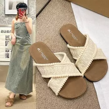 Летние плоские тапочки женские уличные туфли Cross One Word Drag женские удобные сандалии для отдыха женские модные женские летние дышащие туфли 35