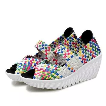 Летние пляжные босоножки на танкетке, женские дышащие плетеные туфли на толстой подошве и платформе с открытым носком, туфли Мэри Джейн 35 чёрный