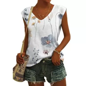 Летние пляжные футболки с V-образным вырезом, классические цветочные принты, безрукавки, базовые майки, модные уличные футболки, повседневная одежда для женщин S