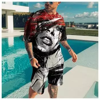 Летние пляжные мужские комплекты футболок с 3D принтом и абстрактным узором, повседневная футболка большого размера, шорты, комплект из двух предметов, мужской пуловер, спортивный костюм S