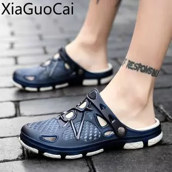 Летние пляжные мужские повседневные тапочки для отдыха Модные мужские тапочки Полутапочки Нескользящие пляжные тапочки для ленивых людей 7.5 синий