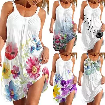 Летние пляжные платья для женщин. Платье без бретелек без рукавов с принтом. XXL чёрный