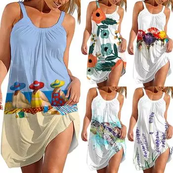 Летние пляжные платья для женщин. Платье без бретелек без рукавов с принтом. L