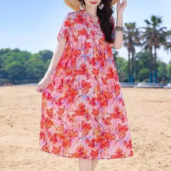 Летние пляжные платья женские большие размеры свободные повседневные женские элегантные платья с короткими рукавами винтажная одежда XL