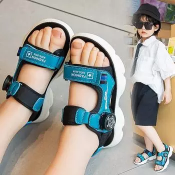 Летние пляжные сандалии для мальчиков в корейском стиле 2025 года, модная детская обувь из искусственной кожи, нескользящая, с мягкой подошвой, детская обувь 27 синий