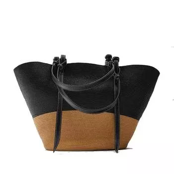 Летние пляжные соломенные сумки-корзины, повседневные сумки из ротанга большой вместимости, женские плетеные тканые сумки на плечо 39x2x34cm хаки/чёрный