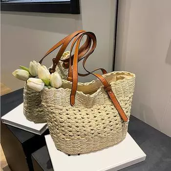 Летние пляжные сумки ручной работы из соломы для женщин, винтажная ажурная сумка-корзина из ротанга, сумка на плечо для отпуска 31x12x19cm бежевый