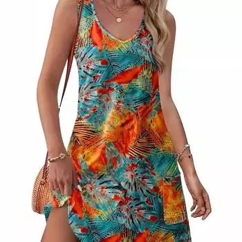 Летние пляжные свободные женские платья с V-образным вырезом без рукавов и карманами S