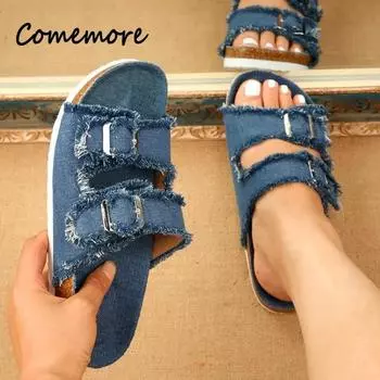 Летние пляжные тапочки из пробки, повседневные, с двойной пряжкой, нескользящие шлепанцы, женские шлепанцы, джинсовые тапочки, Zapatos De Mujer 36 зелёный