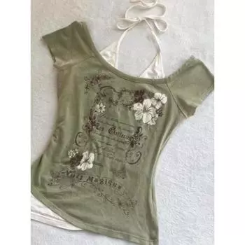 Летние поддельные две части бретелька через шею бандаж винтажные футболки Y2k эстетика тонкий укороченный топ женский гранж принт Harajuku повседневная сексуальная футболка S серый