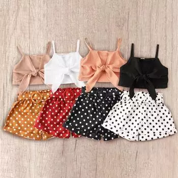 Летние подтяжки для девочек, расклешенные шорты в горошек, комплект одежды для девочек, 2 шт. S