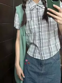 Летние поло с вырезом в винтажном стиле, клетчатые блузки, женские весенние укороченные топы, элегантные корейские классические рубашки в консервативном стиле, модный дизайн, повседневные L зелёный