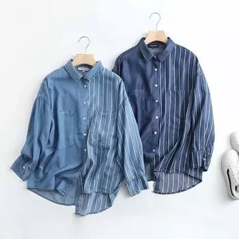 Летние полосатые лоскутные блузы женские рубашки с длинным рукавом повседневные свободные блузки пуловеры большого размера M синий