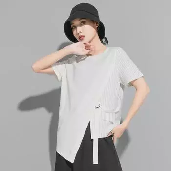 Летние полосатые женские хлопковые футболки: Свободный, с коротким рукавом, облегающий L