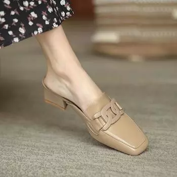 Летние полуботинки в стиле ретро с цепочкой, женские повседневные туфли на среднем каблуке с круглой головкой и золотой цепочкой, закрытый носок 36 абрикосовый